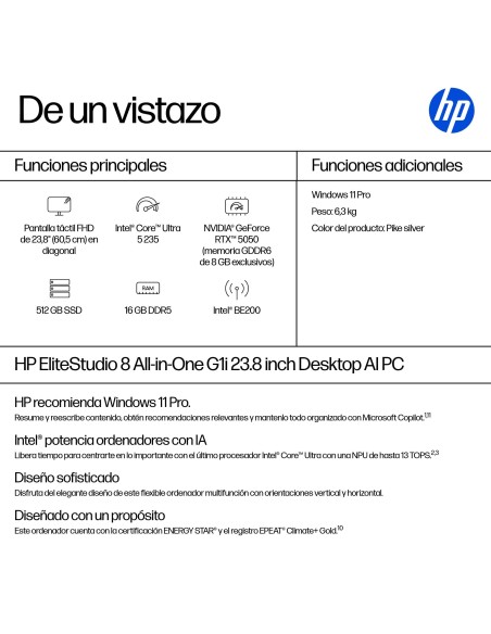 HP EliteStudio 8 All-in-One G1i 23.8 inch Desktop AI PC Intel Core Ultra 5 60,5 cm (23.8") 1920 x 1080 Pixeles 16 GB DDR5-SDRAM