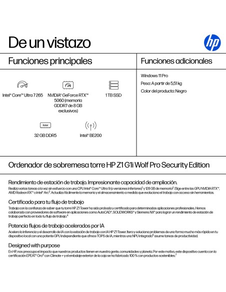 HP None Intel Core Ultra 7 265 32 GB DDR5-SDRAM 1 TB SSD NVIDIA GeForce RTX 5060 Windows 11 Pro Torre Puesto de trabajo AI