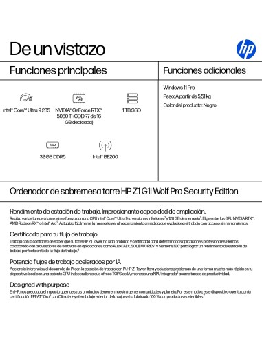 HP None Intel Core Ultra 9 285 32 GB DDR5-SDRAM 1 TB SSD NVIDIA GeForce RTX 5060 Ti Windows 11 Pro Torre Puesto de trabajo AI
