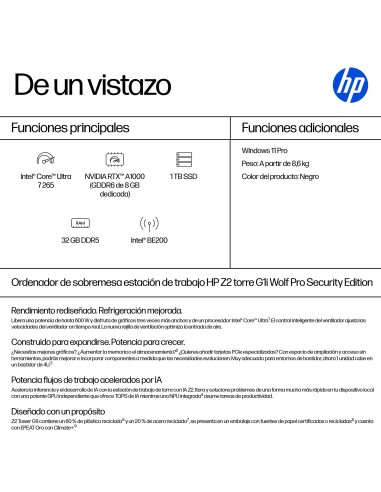 HP None Intel Core Ultra 7 265 32 GB DDR5-SDRAM 1 TB SSD NVIDIA RTX A1000 Windows 11 Pro Torre Puesto de trabajo AI