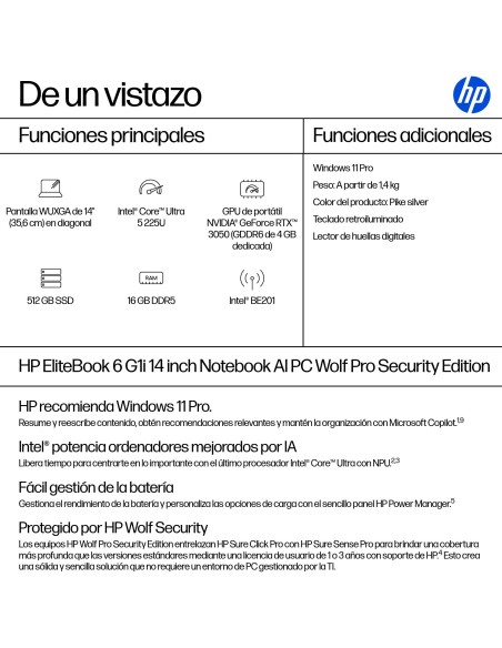 HP EliteBook 6 G1i 14 inch Notebook AI PC Wolf Pro Security Edition Intel Core Ultra 5 225U Portátil 35,6 cm (14") WUXGA 16 GB