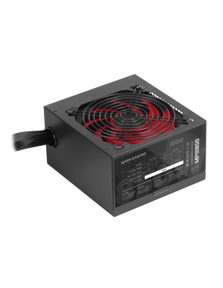 Mars Gaming MPIII850, Fuente Alimentación PC ATX 850W, 5 Años de Garantía, 85% Eficiencia, Sistema Digital APFC, Ventilador FDB