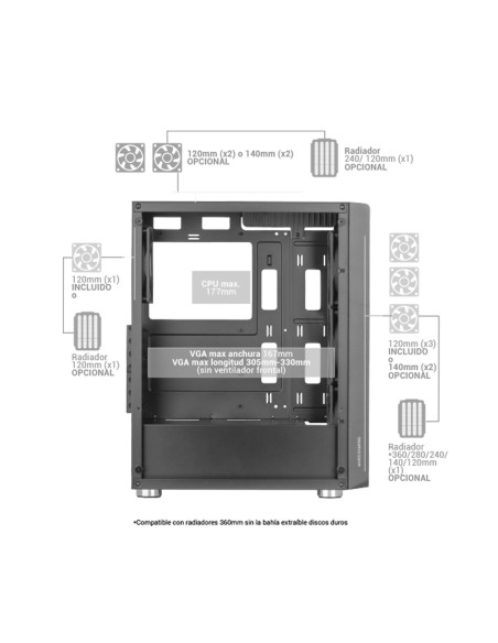Mars Gaming MC-F, Semitorre Gaming ATX, Ventana Completa Cristal Templado, Frontal Metal-Mesh, 4X Ventiladores ARGB 120mm, Negro