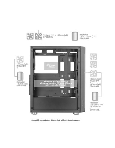 Mars Gaming MC-F, Semitorre Gaming ATX, Ventana Completa Cristal Templado, Frontal Metal-Mesh, 4X Ventiladores ARGB 120mm,