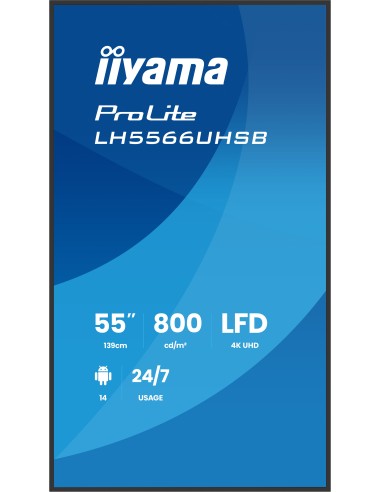 iiyama LH5566UHSB-B1AG pantalla de señalización Pantalla plana para señalización digital 139,7 cm (55") LCD Wifi 800 cd   m² 4K