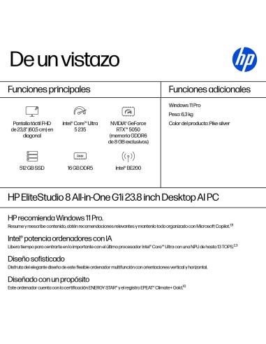 HP EliteStudio 8 All-in-One G1i 23.8 inch Desktop AI PC Intel Core Ultra 5 60,5 cm (23.8") 1920 x 1080 Pixeles 16 GB DDR5-SDRAM