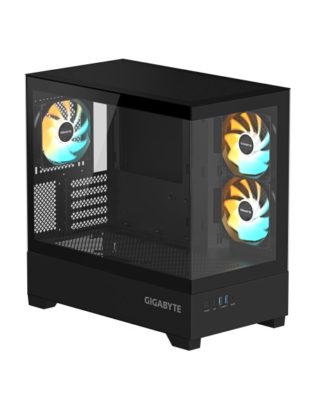 GIGABYTE C201 PANORAMIC Caja de PC – Torre Media, m-ATX, soporte para radiador de 360 mm, 3 ventiladores preinstalados, USB